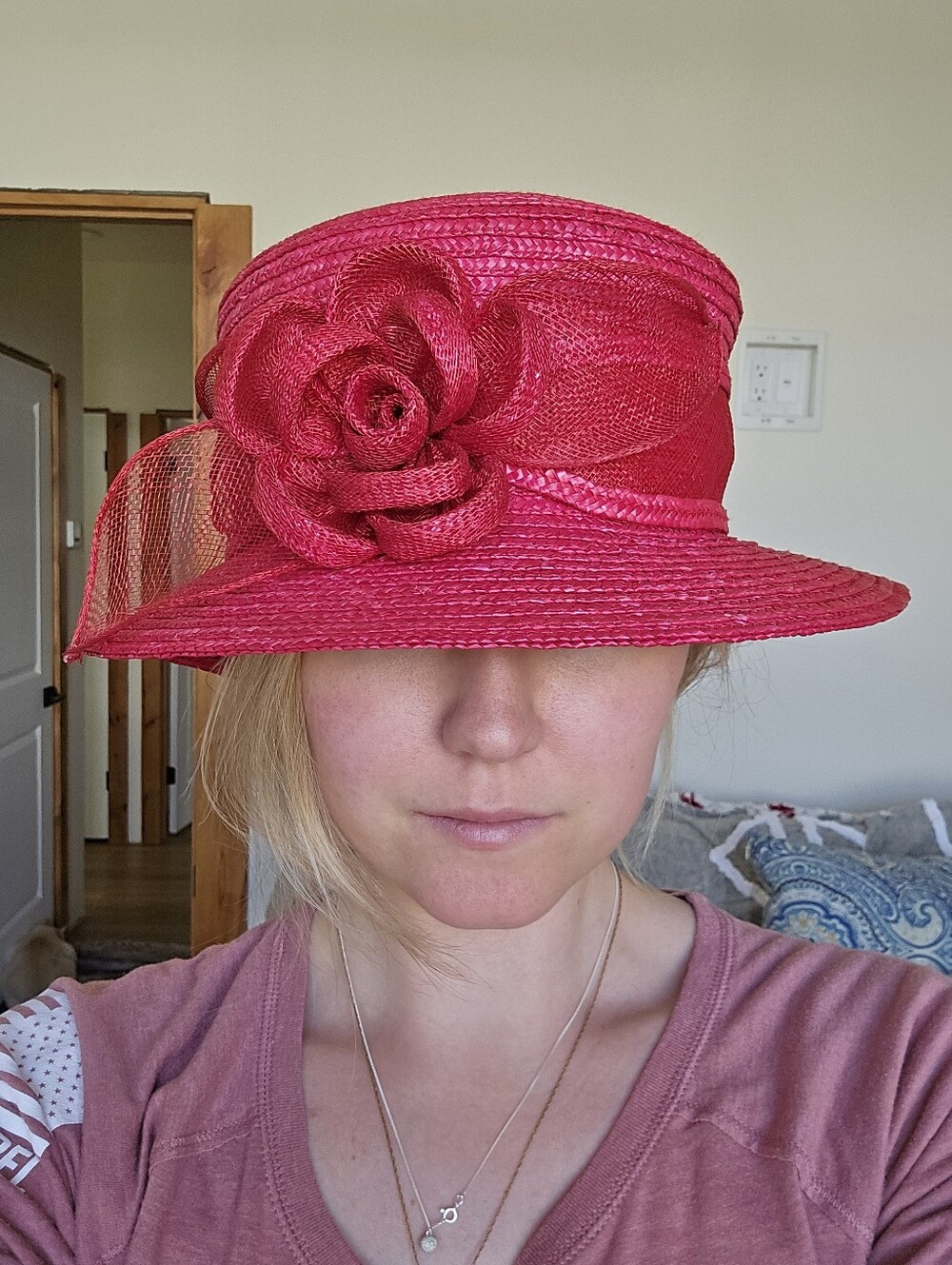 betmar Bright Red Floral Straw Cloche Hat